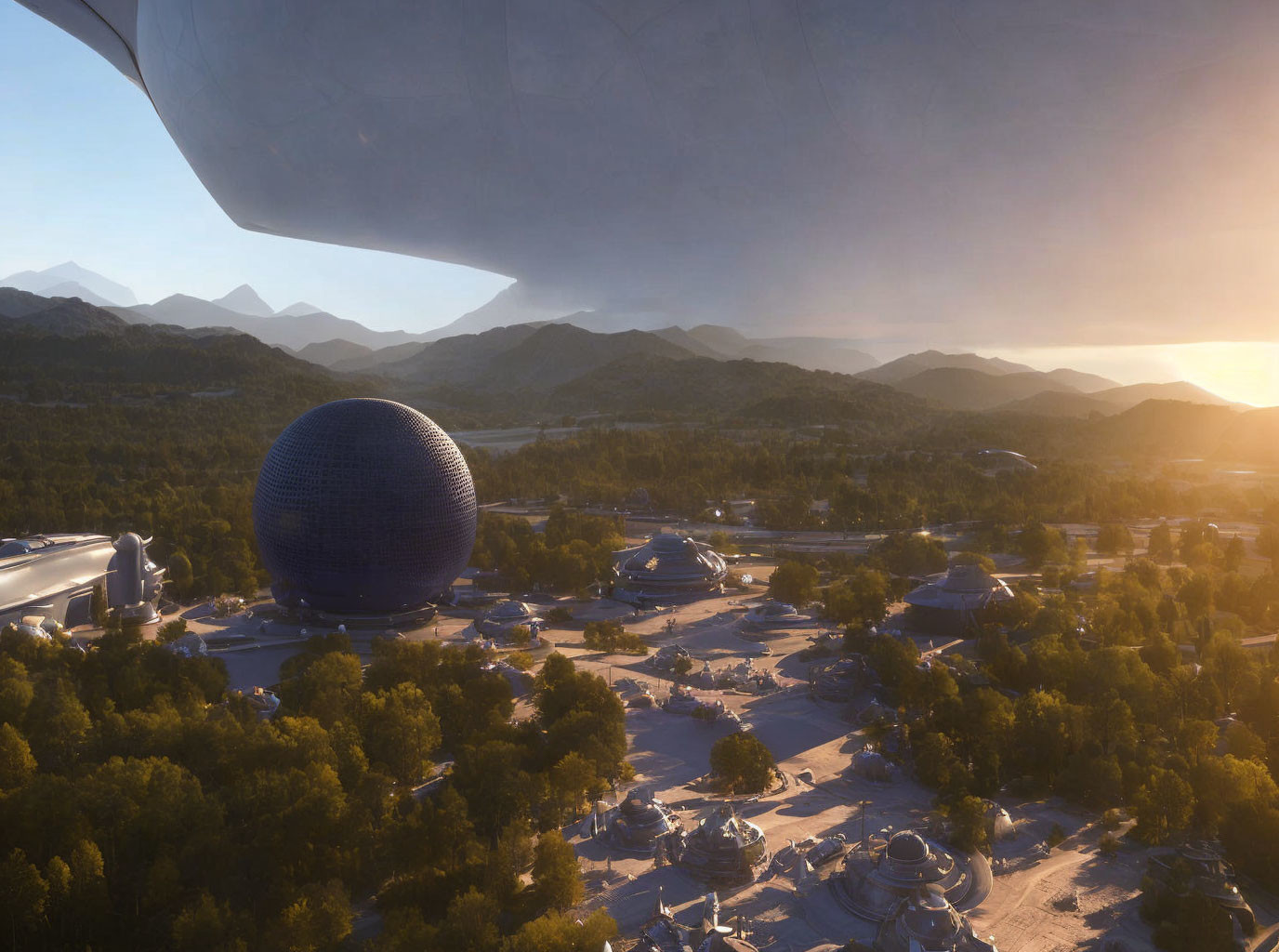 Futuristic landscape with spherical structure, domes, mountains, and spaceship at sunrise