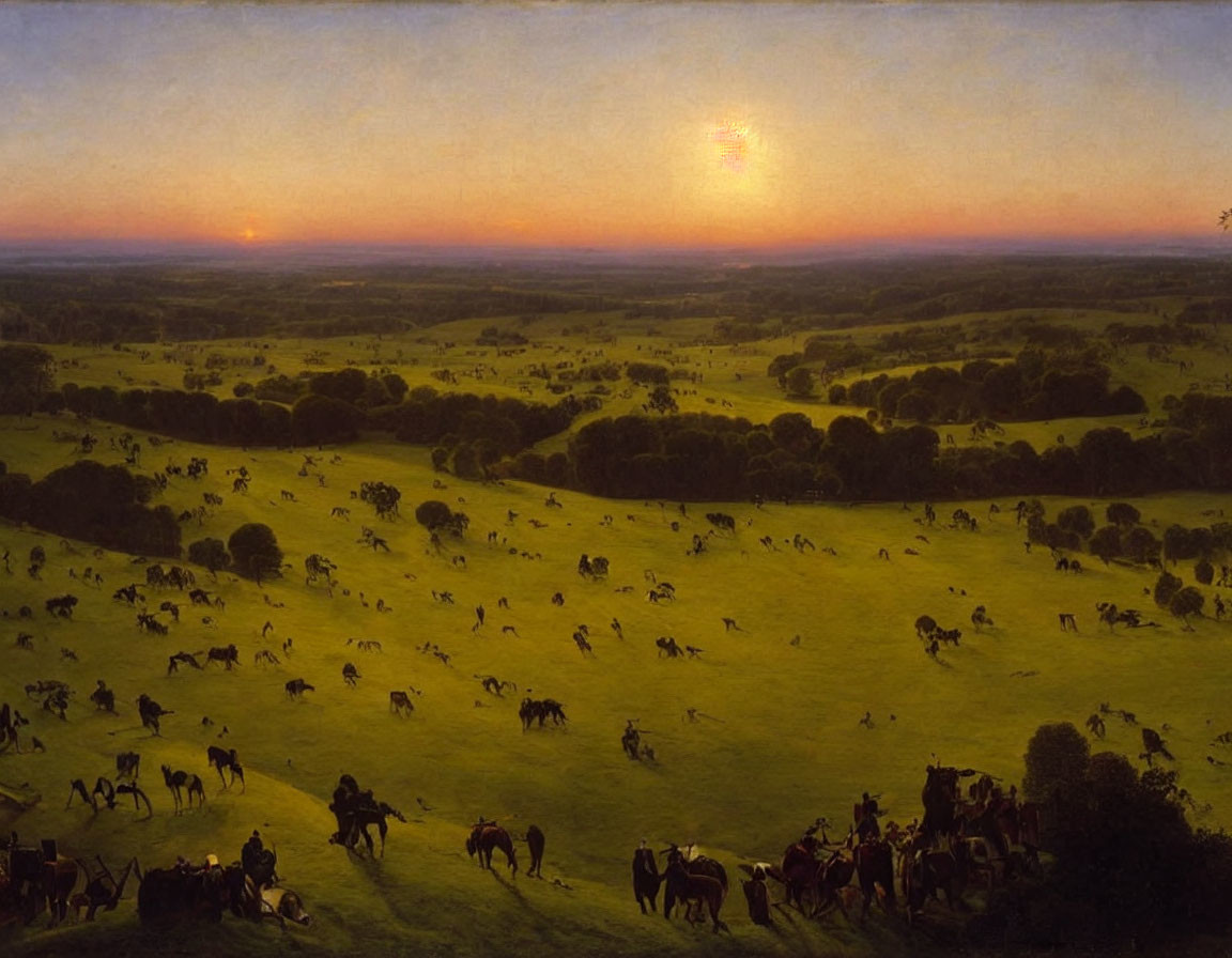 Rural sunset landscape with cattle grazing and figures on horseback