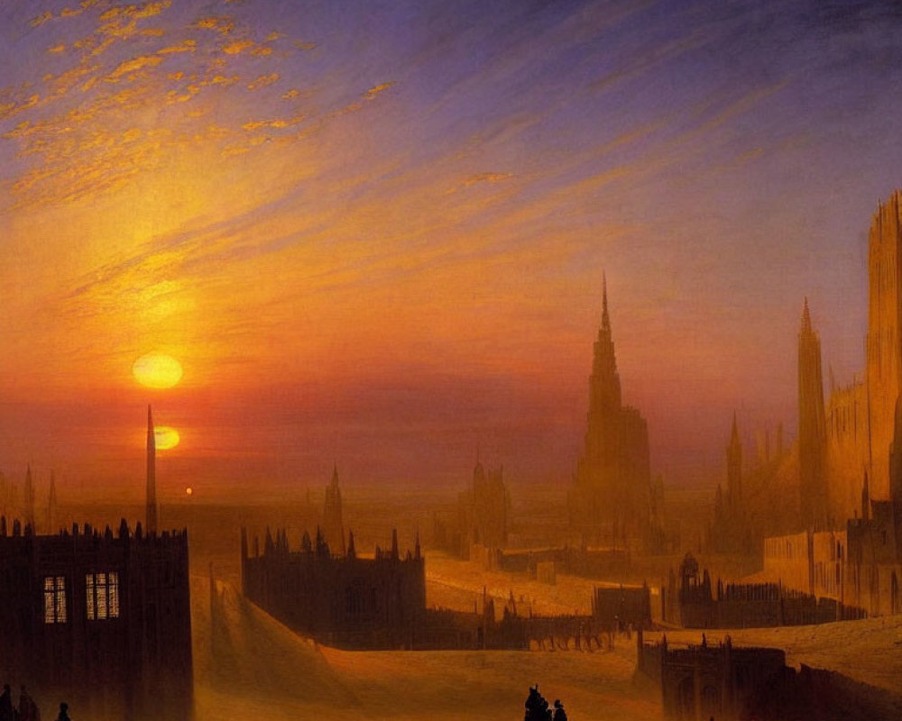 Dramatic sunset painting with radiant sky over Gothic architecture and silhouetted figures