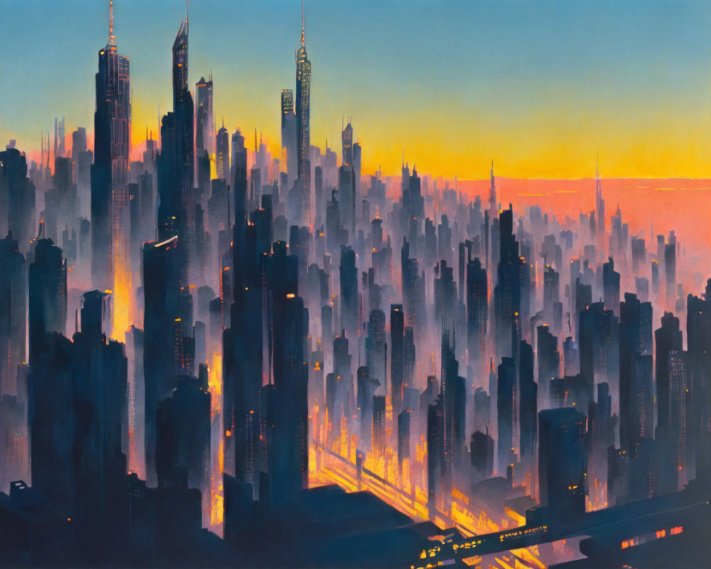 City skyline painting: vibrant dusk colors, silhouette skyscrapers, highlights, shadows