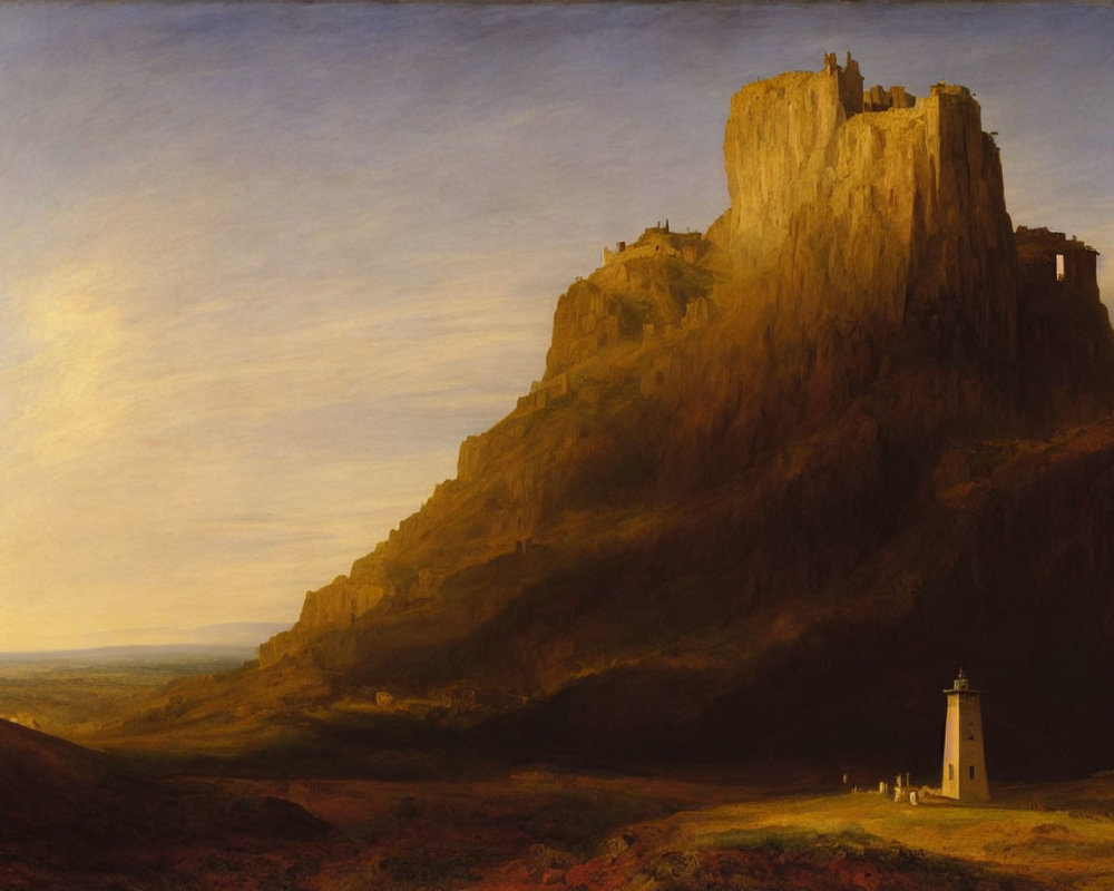 Majestic castle on rugged cliff with lighthouse under dramatic dusk sky