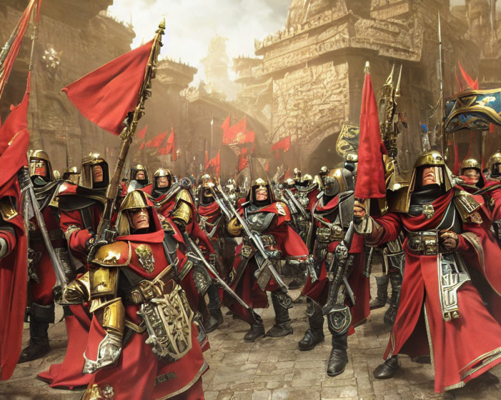 Armored knights with red capes in medieval fortress setting