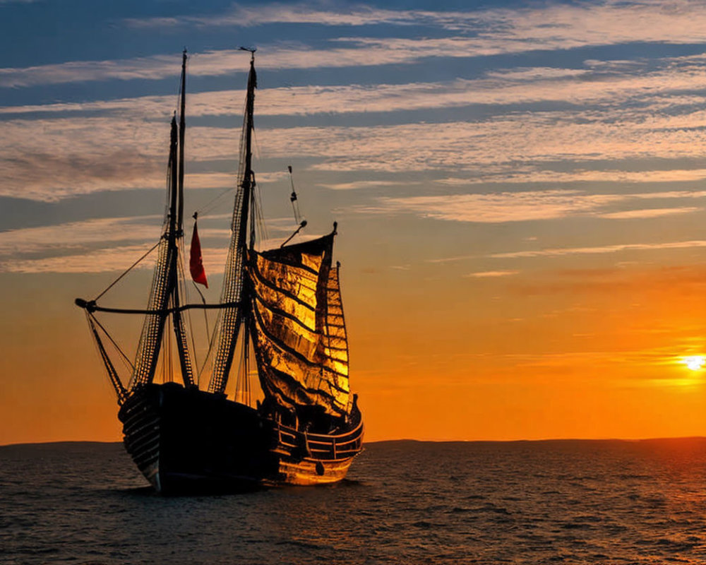 Two-masted sailboat at sunset over calm sea