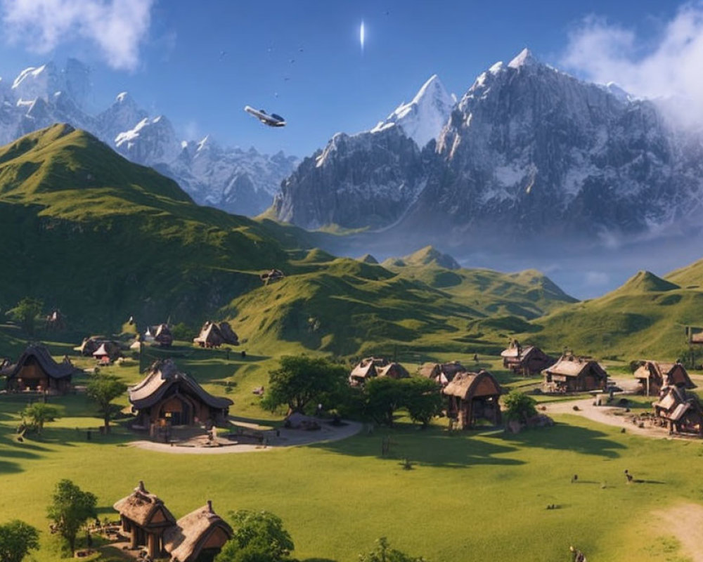 Scenic village with thatched-roof houses, snow-capped mountains, and futuristic ship.