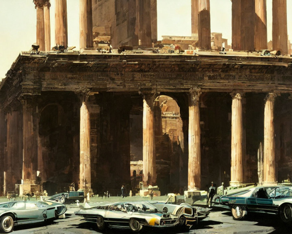Vintage Cars Parked in Front of Ancient Roman Temple with Columns and Debris