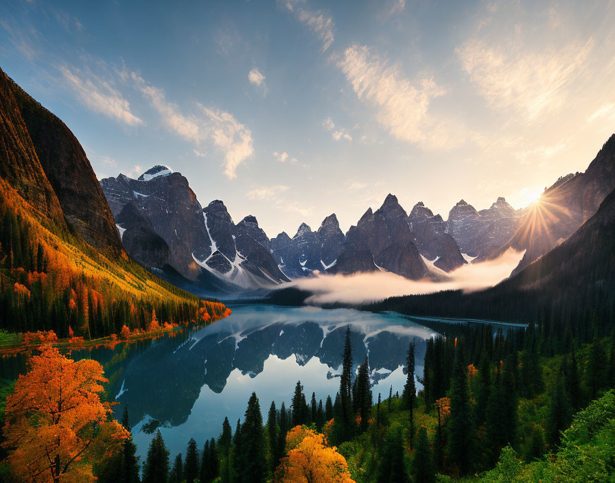 Serene sunrise over mountainous landscape with reflective lake and autumn trees.