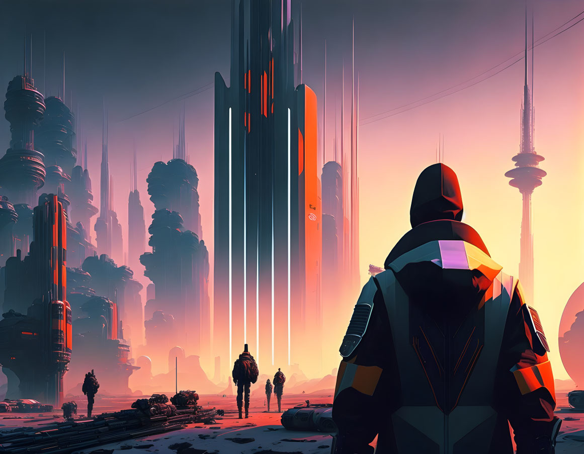 Futuristic cityscape with pink and blue glowing skyscrapers and silhouetted figures