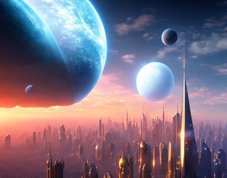Futuristic city skyline with high-tech skyscrapers under multiple celestial bodies at sunrise or sunset