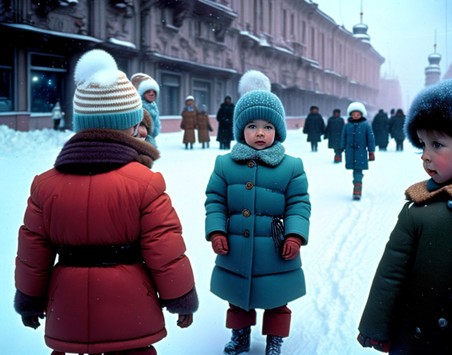 Children in colorful winter attire in snowy cityscape.