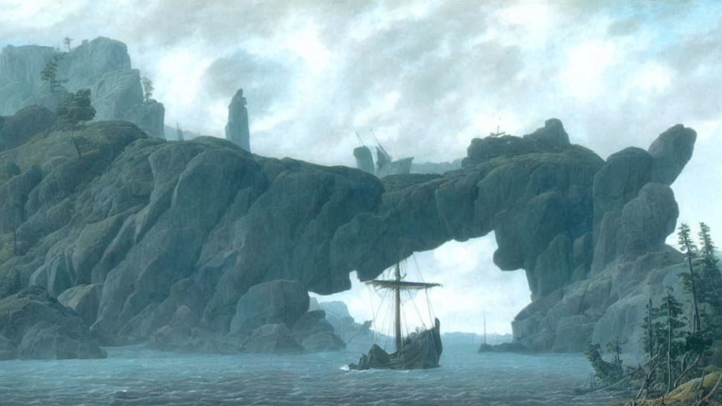 Sailing ship passing through rocky arch in serene sea surrounded by misty cliffs and statue