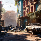 Derelict car in post-apocalyptic scene with ruins and overgrown buildings