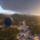 Futuristic landscape with spherical structure, domes, mountains, and spaceship at sunrise