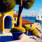 Colorful coastal landscape with yellow buildings, blue boat, pine trees, and sailboat