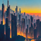 City skyline painting: vibrant dusk colors, silhouette skyscrapers, highlights, shadows