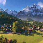 Scenic village with thatched-roof houses, snow-capped mountains, and futuristic ship.