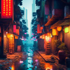 Urban alley with tall buildings and red lanterns reflected in water under twilight sky