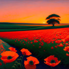 Scenic sunset landscape with lone tree, red poppies, and green hills