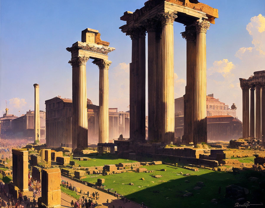 Ancient Roman ruins with towering columns under clear blue sky