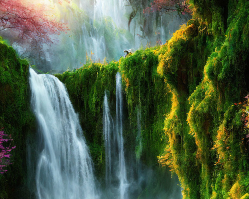 Vibrant waterfall in lush greenery with sunlight and pink blossoms