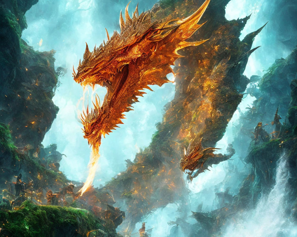 Majestic dragon breathing fire in misty cliffs landscape