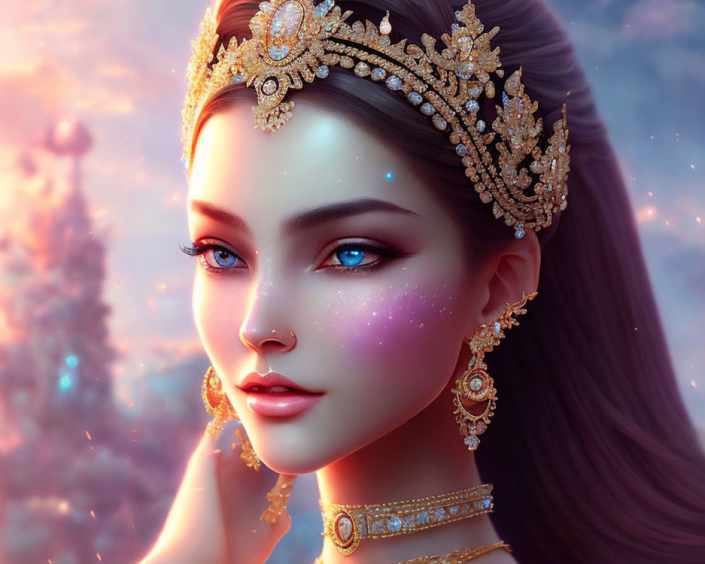 Fantasy-themed digital art portrait of a woman with golden crown and jewelry