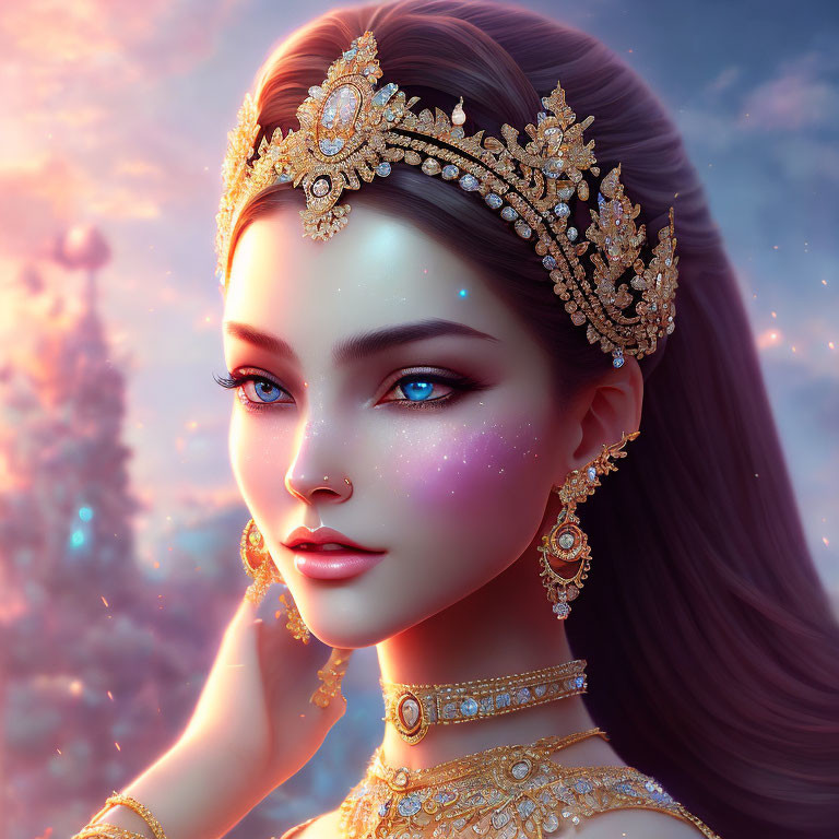 Fantasy-themed digital art portrait of a woman with golden crown and jewelry