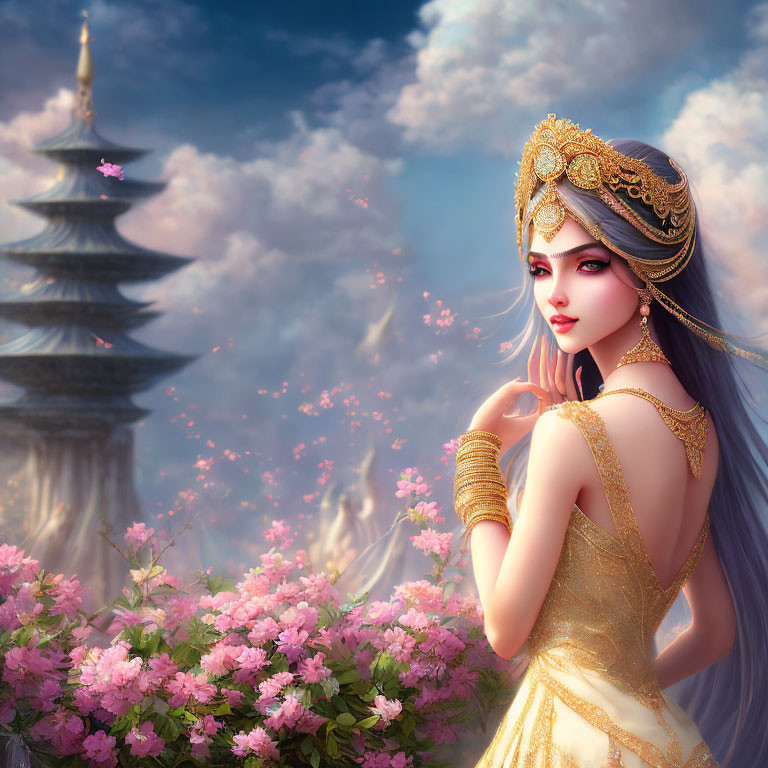 Illustration of woman in golden attire with pink flowers and pagoda.