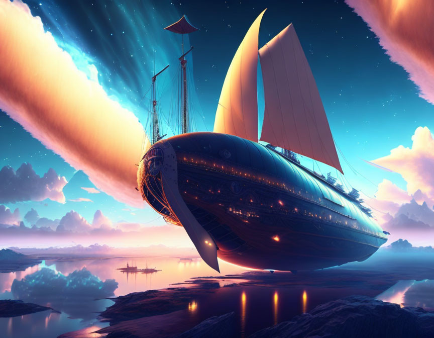 Fantastical airship with large sails over tranquil water at sunset