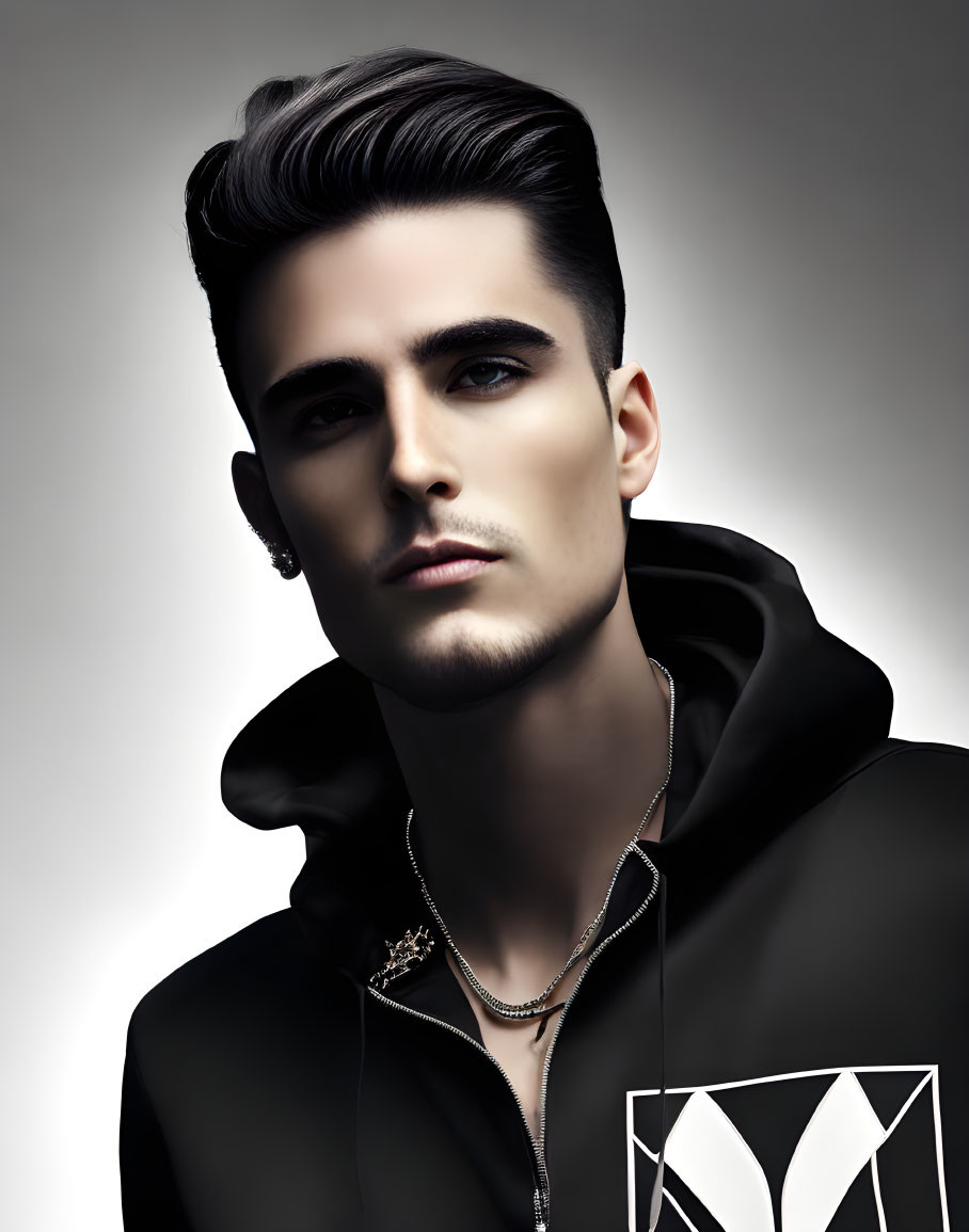 Stylish man in hoodie with chain, intense gaze, gradient backdrop