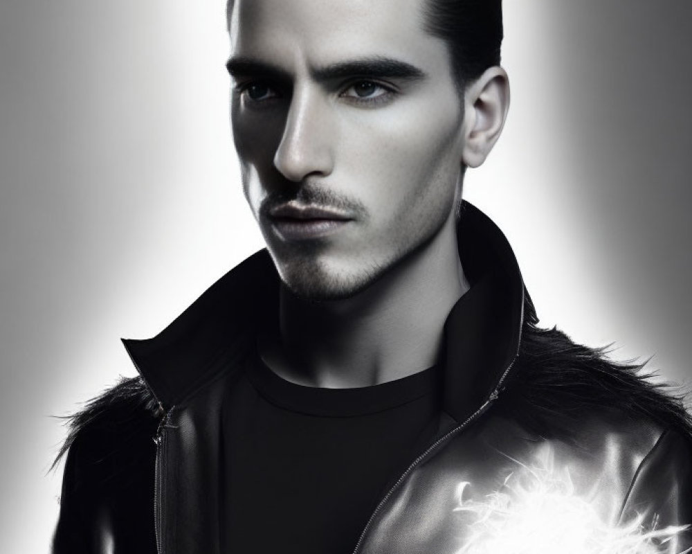 Man with Slicked-Back Hair in Leather Jacket with Glowing Emblem