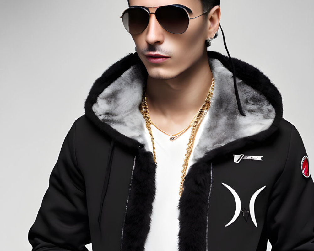Fashionable man with pompadour hairstyle in sunglasses and fur-trimmed black jacket