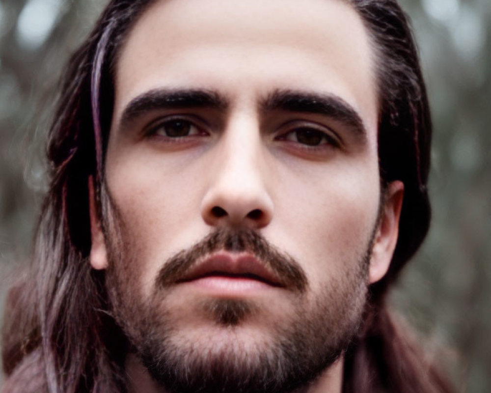 Serious man with long dark hair and neat beard in blurred greenery.