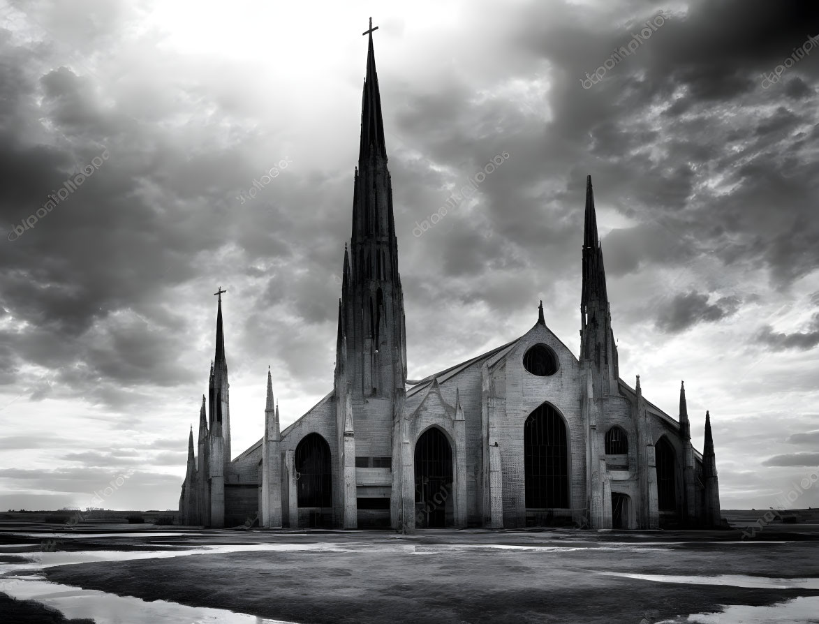 Monochrome Gothic cathedral with towering spires under cloudy sky