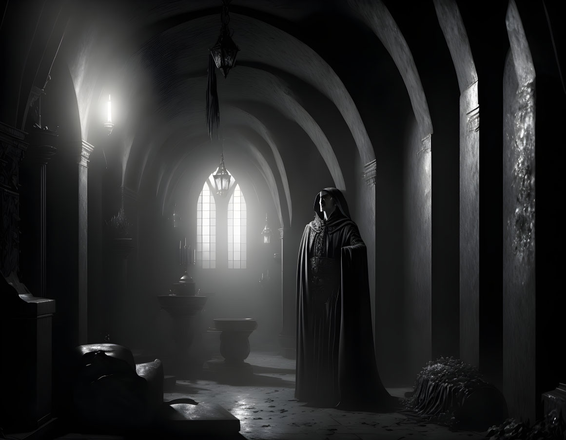Mysterious cloaked figure in dimly-lit gothic chamber