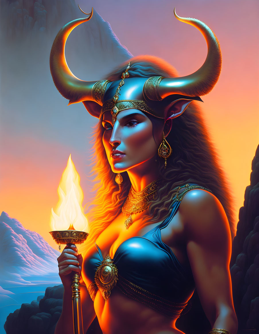 Fantasy warrior woman with horns and torch on vibrant background