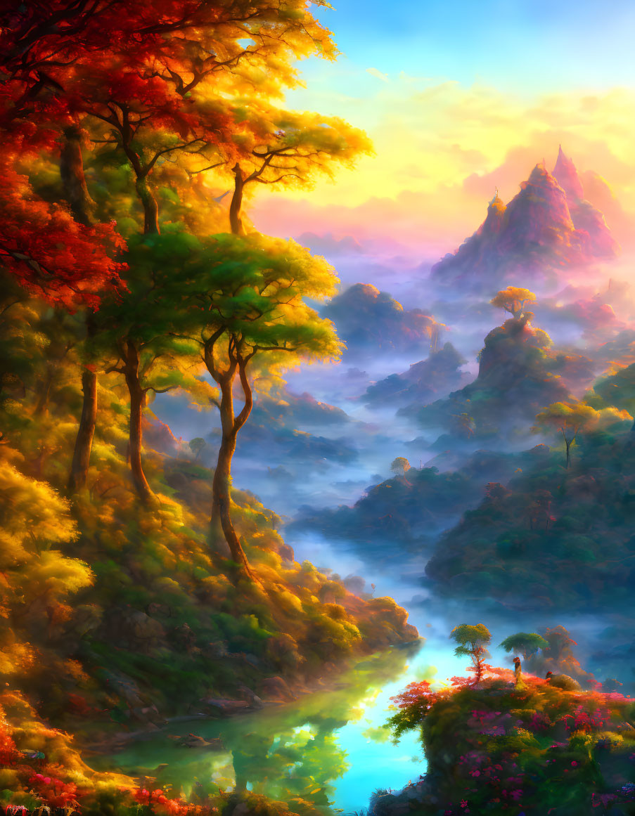 Colorful Trees, Misty River, Mountain in Luminous Sky