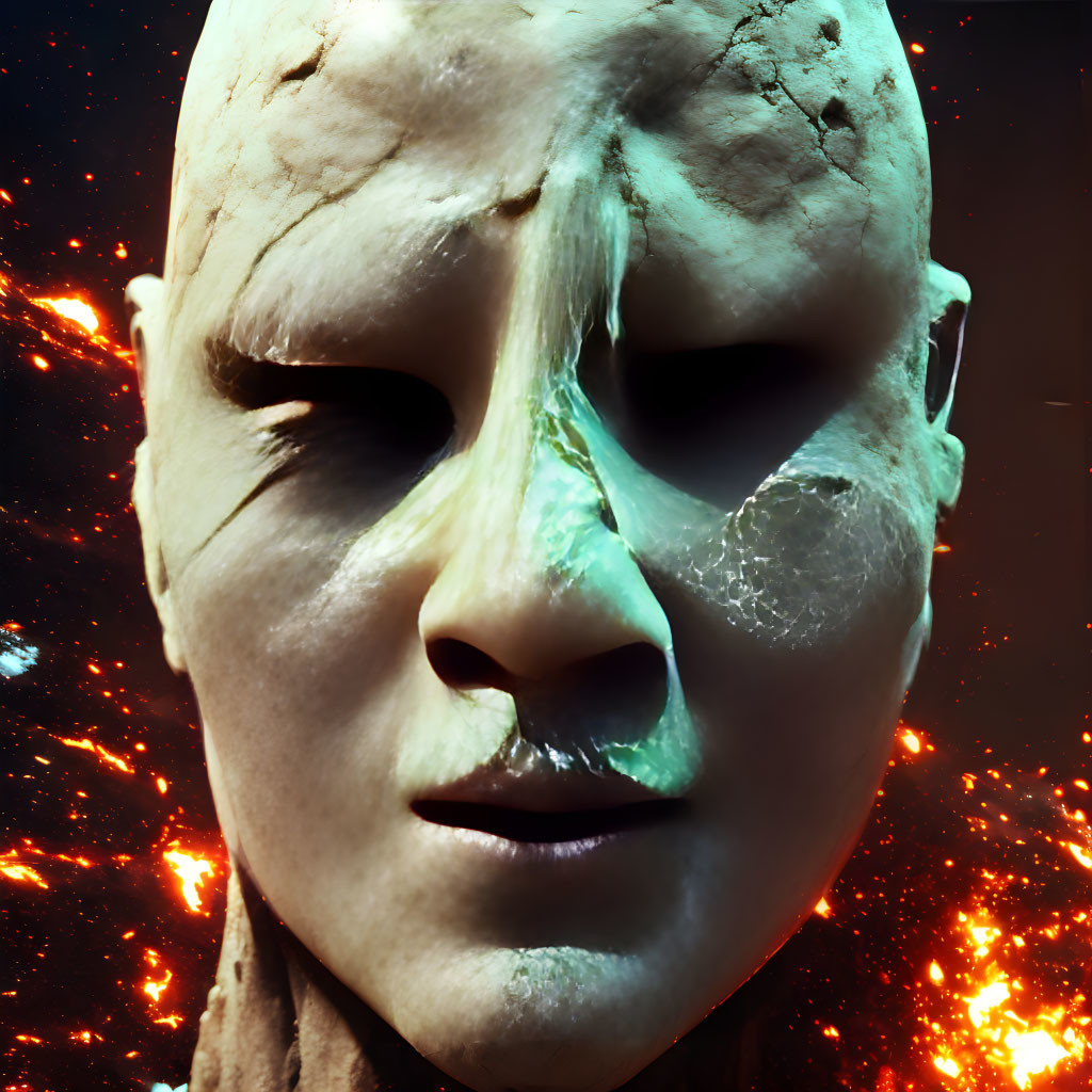 Eerie cracked stone mask on fiery background