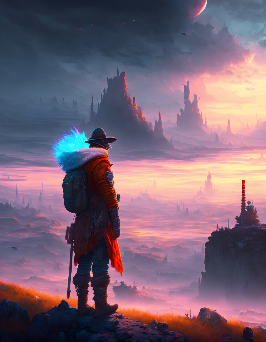 Mysterious figure in cloak gazes at fantasy landscape