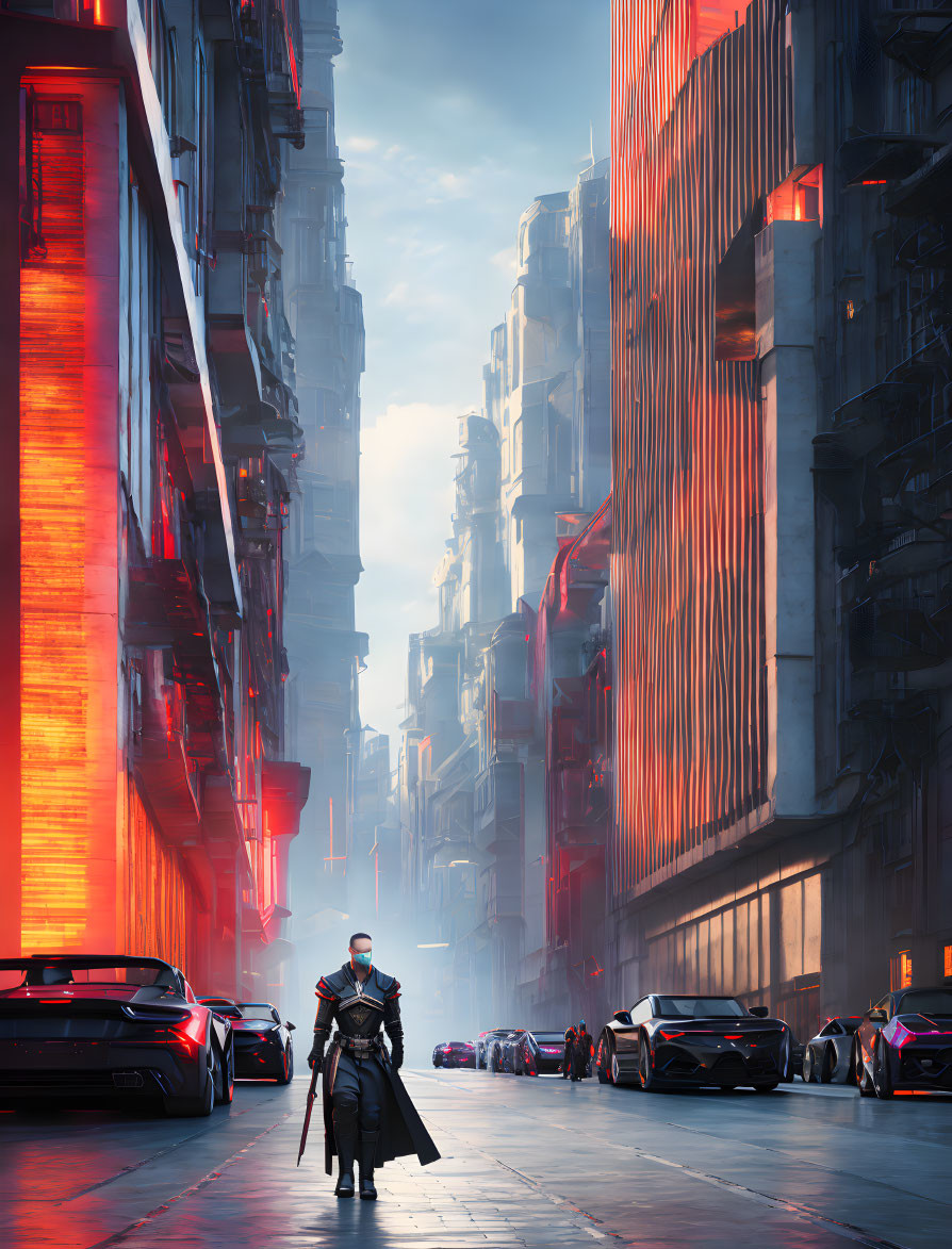 Glowing red futuristic cityscape with lone figure and sleek cars