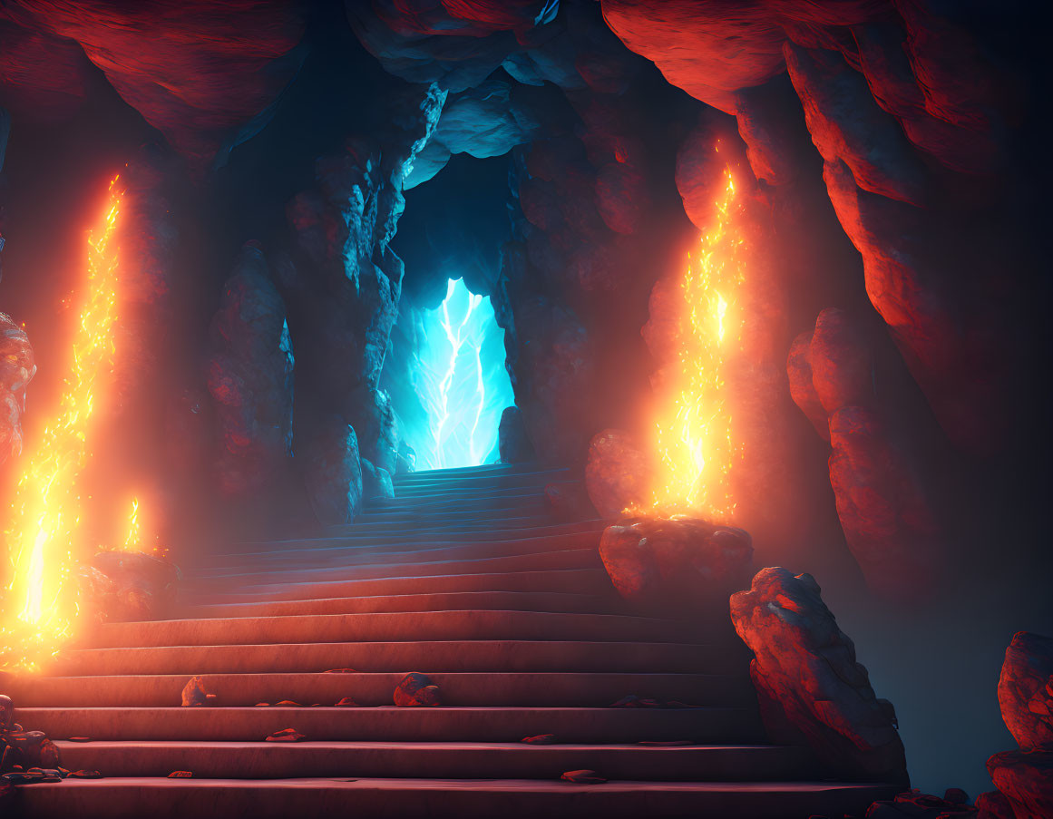 Mystical cave with glowing lava streams and crystal portal