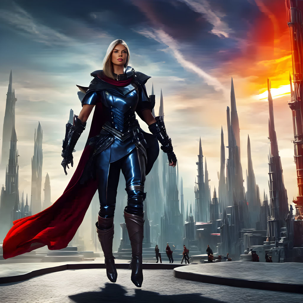 Female warrior in futuristic armor against dramatic sunset sky and towering spires