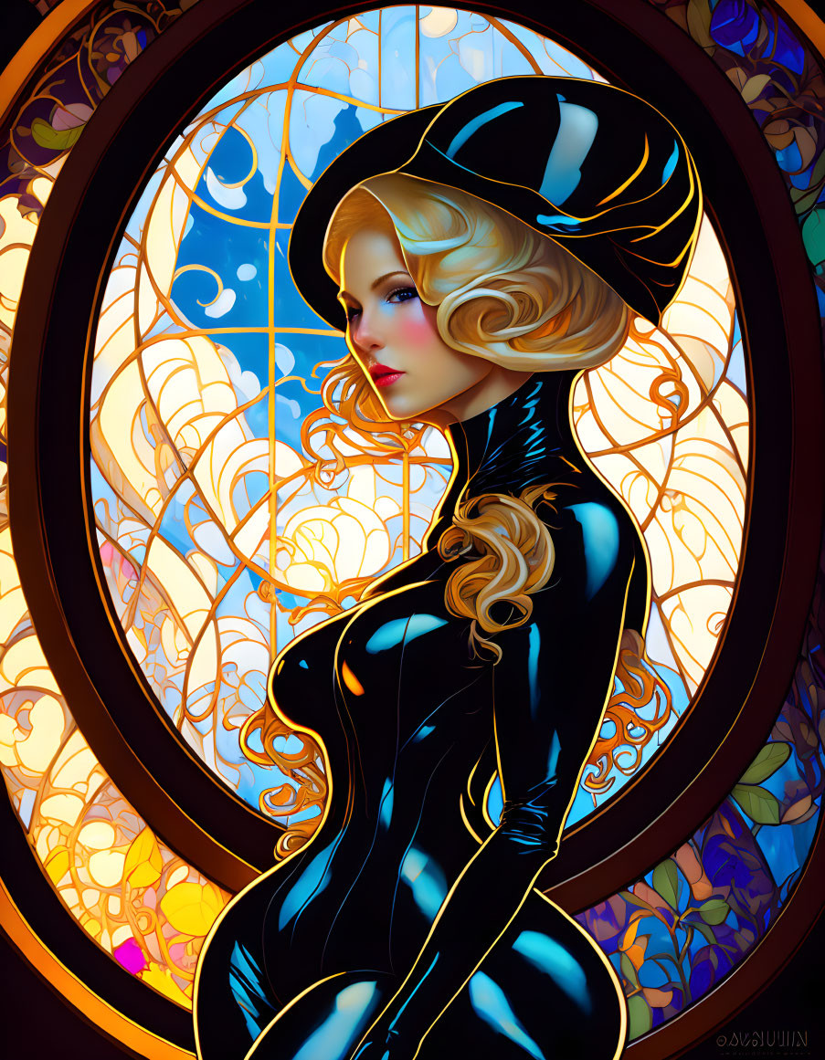 A blonde woman in a black latex suit at an oval