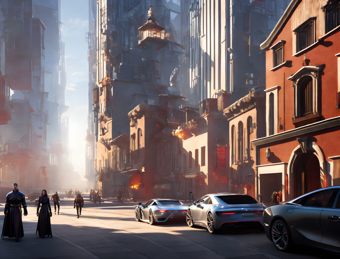 Pedestrians, flying vehicles, and modern cars on futuristic city street.