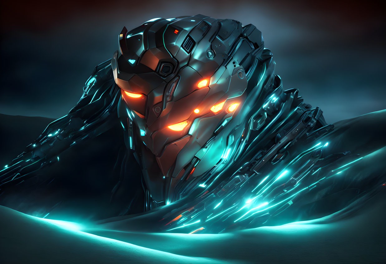 Metallic robotic head with glowing orange eyes and blue light accents in digital landscape
