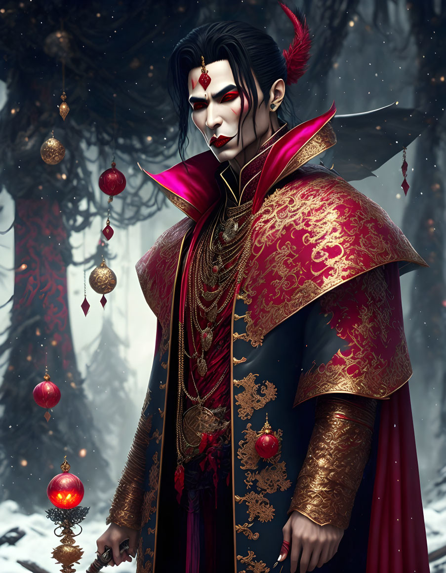 Illustration of vampire lord in red and gold attire against snowy forest backdrop