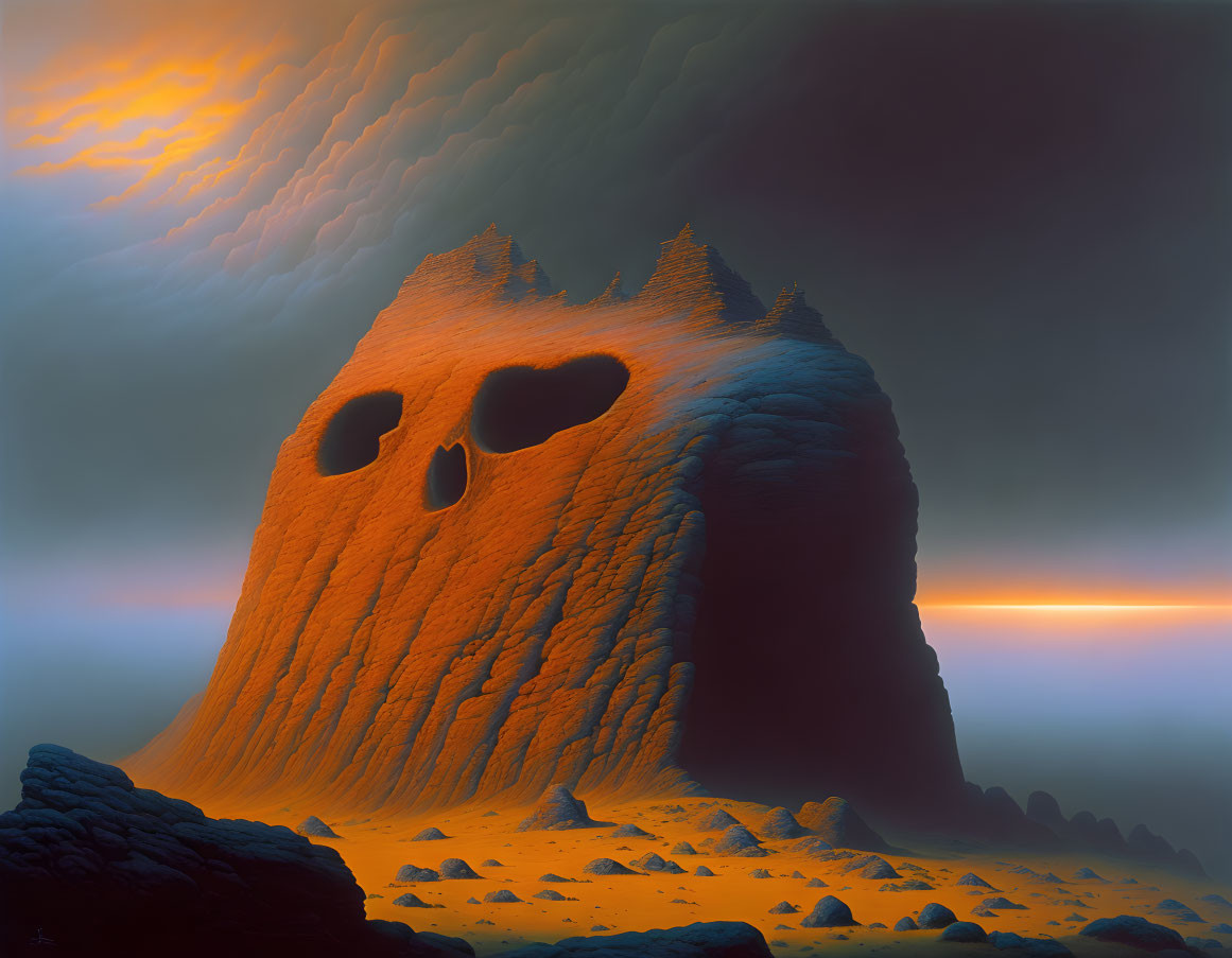 Skull-shaped rock formation in eerie landscape under orange sky