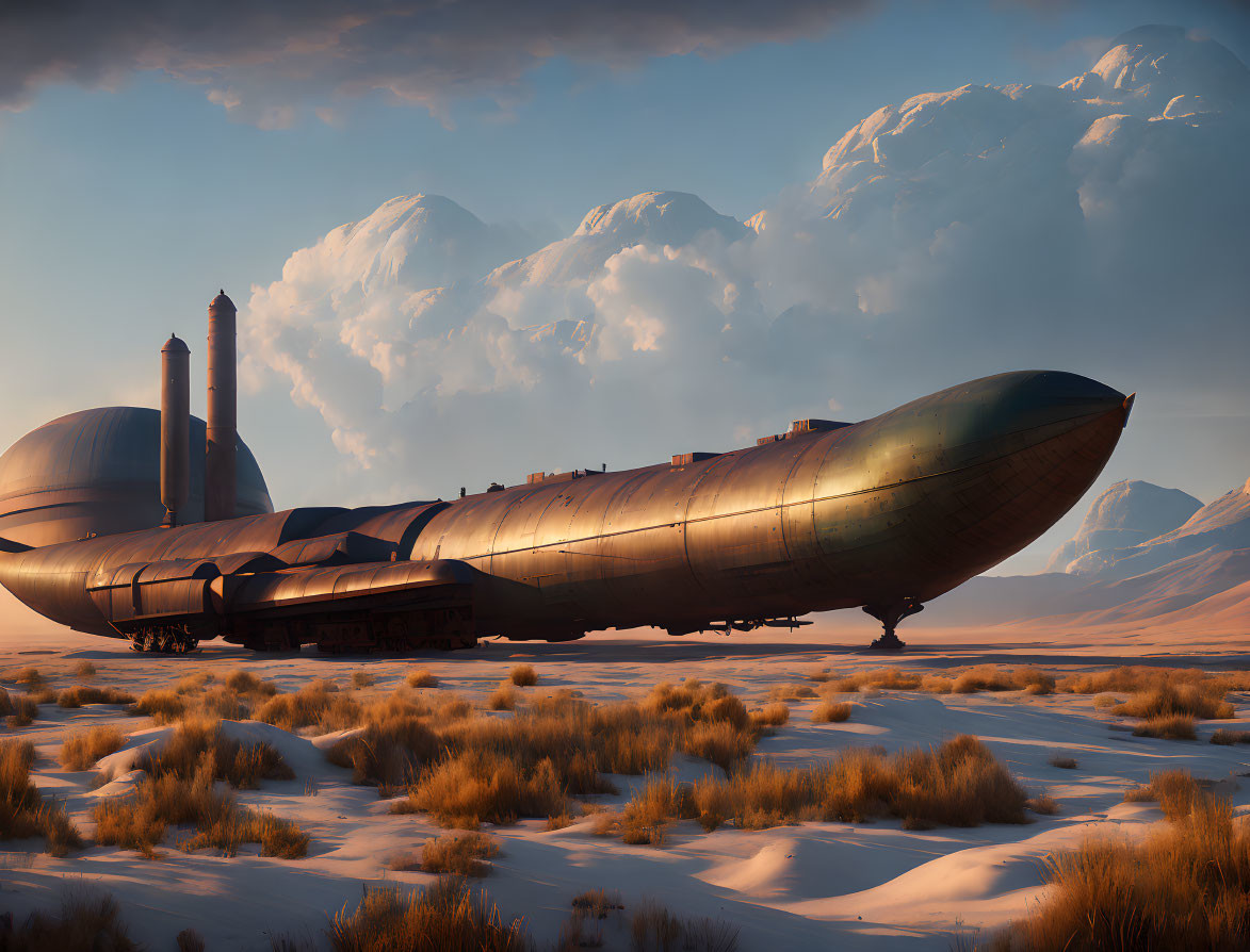 Gigantic retro-futuristic airship in desert landscape at sunset