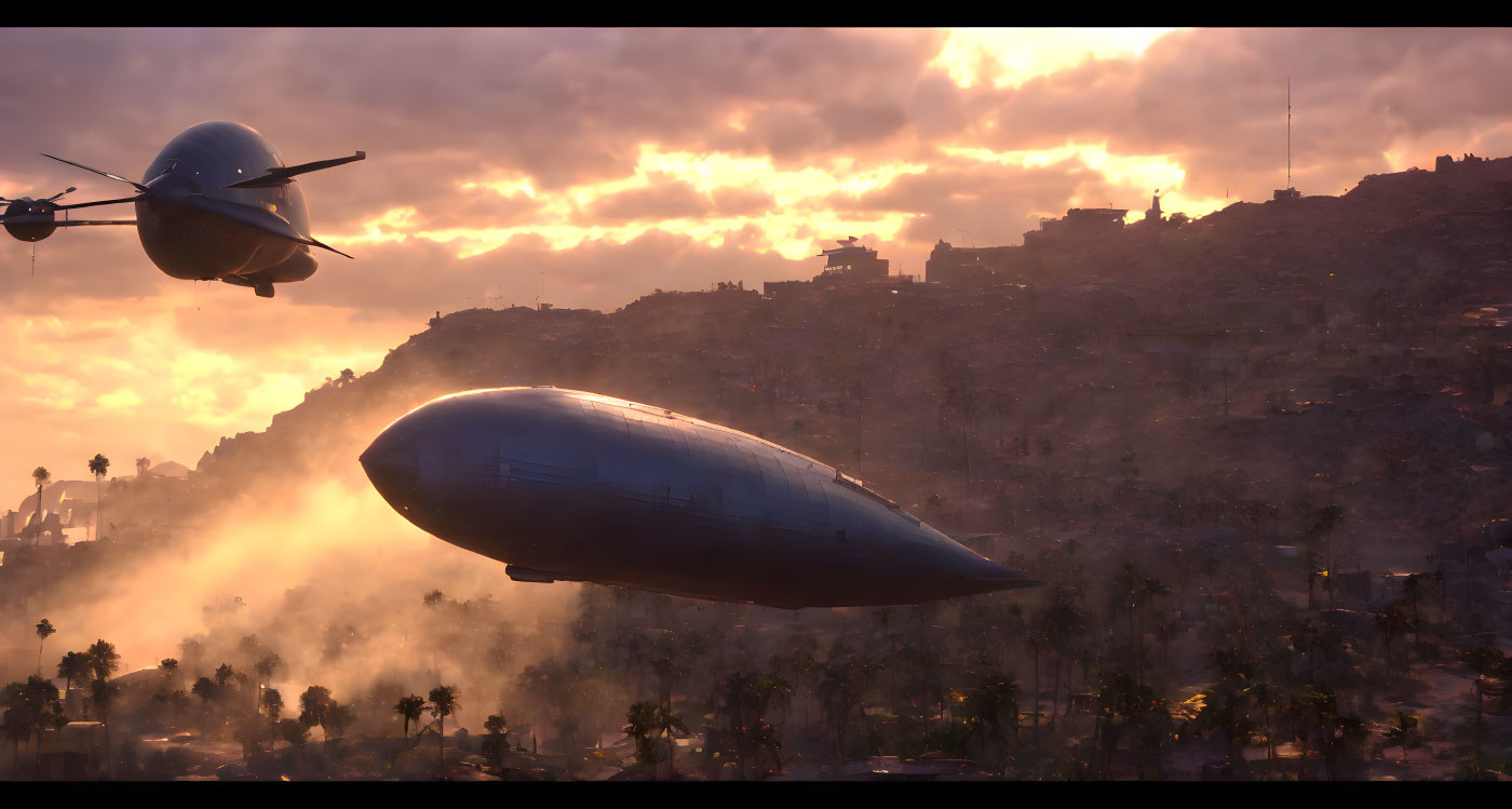 Airship and plane soar over dusky landscape with silhouetted buildings under setting sun.