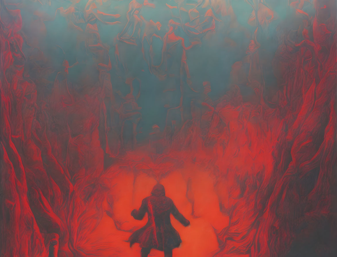 Hooded figure in fiery landscape with ghostly silhouettes