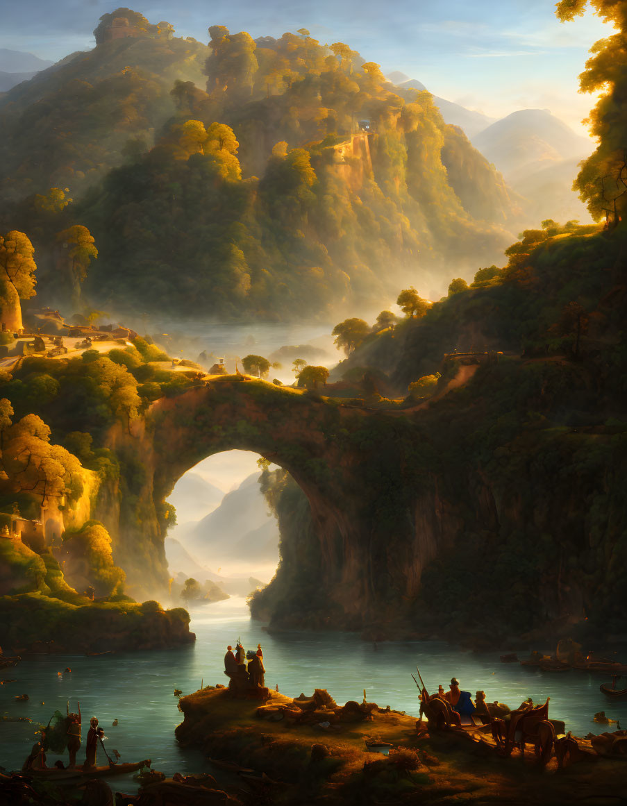 Scenic landscape with natural arch bridge, towering cliffs, sunlit river, and figures in mist